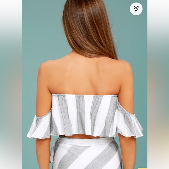 Lulus Grey and White Striped Off-the-Shoulder Crop Top and skirt - Picture 4 of 6